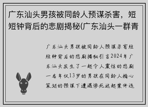 广东汕头男孩被同龄人预谋杀害，短短钟背后的悲剧揭秘(广东汕头一群青少年深夜持刀斗殴)