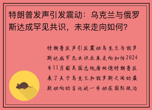 特朗普发声引发震动：乌克兰与俄罗斯达成罕见共识，未来走向如何？