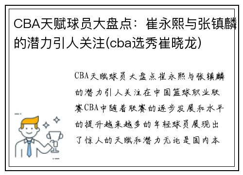 CBA天赋球员大盘点：崔永熙与张镇麟的潜力引人关注(cba选秀崔晓龙)