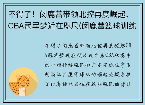 不得了！闵鹿蕾带领北控再度崛起，CBA冠军梦近在咫尺(闵鹿蕾篮球训练营精英队)